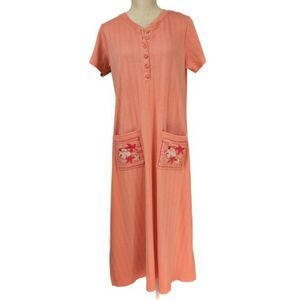 Done Down Under Maxi Dress Womens Small Orange Knit Short Sleeve Floral Pockets